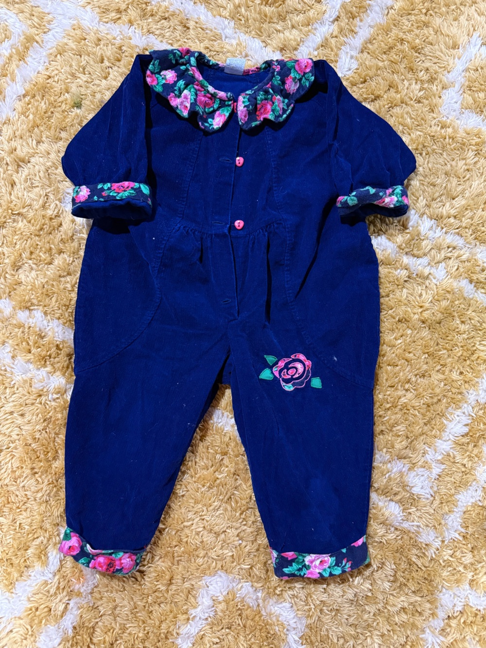 Vintage Baby Togs Inc Navy Corduroy Jumpsuit with Pink Floral Trim